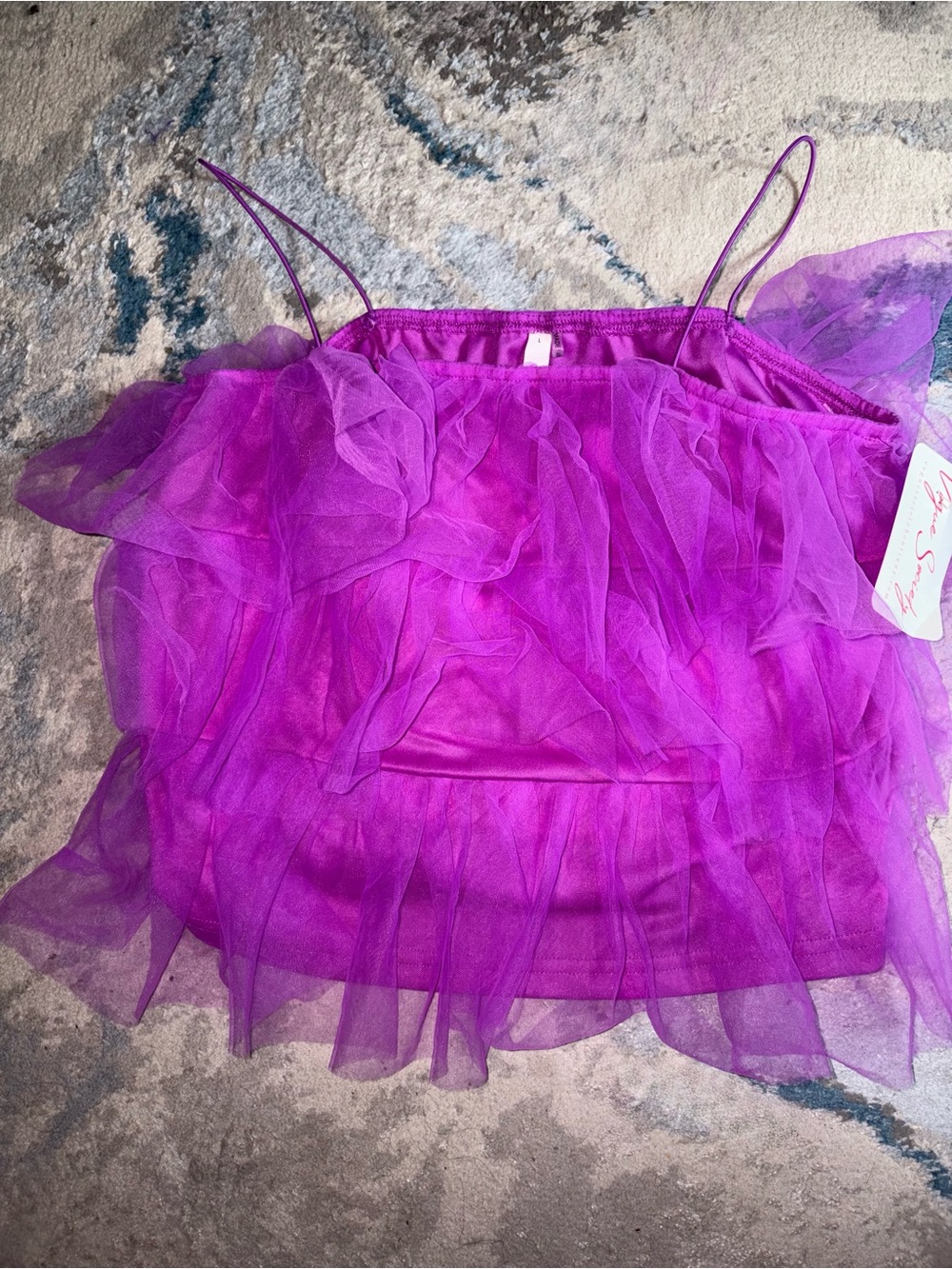 glam Purple Ruffled Sheer Spaghetti Strap Camisole